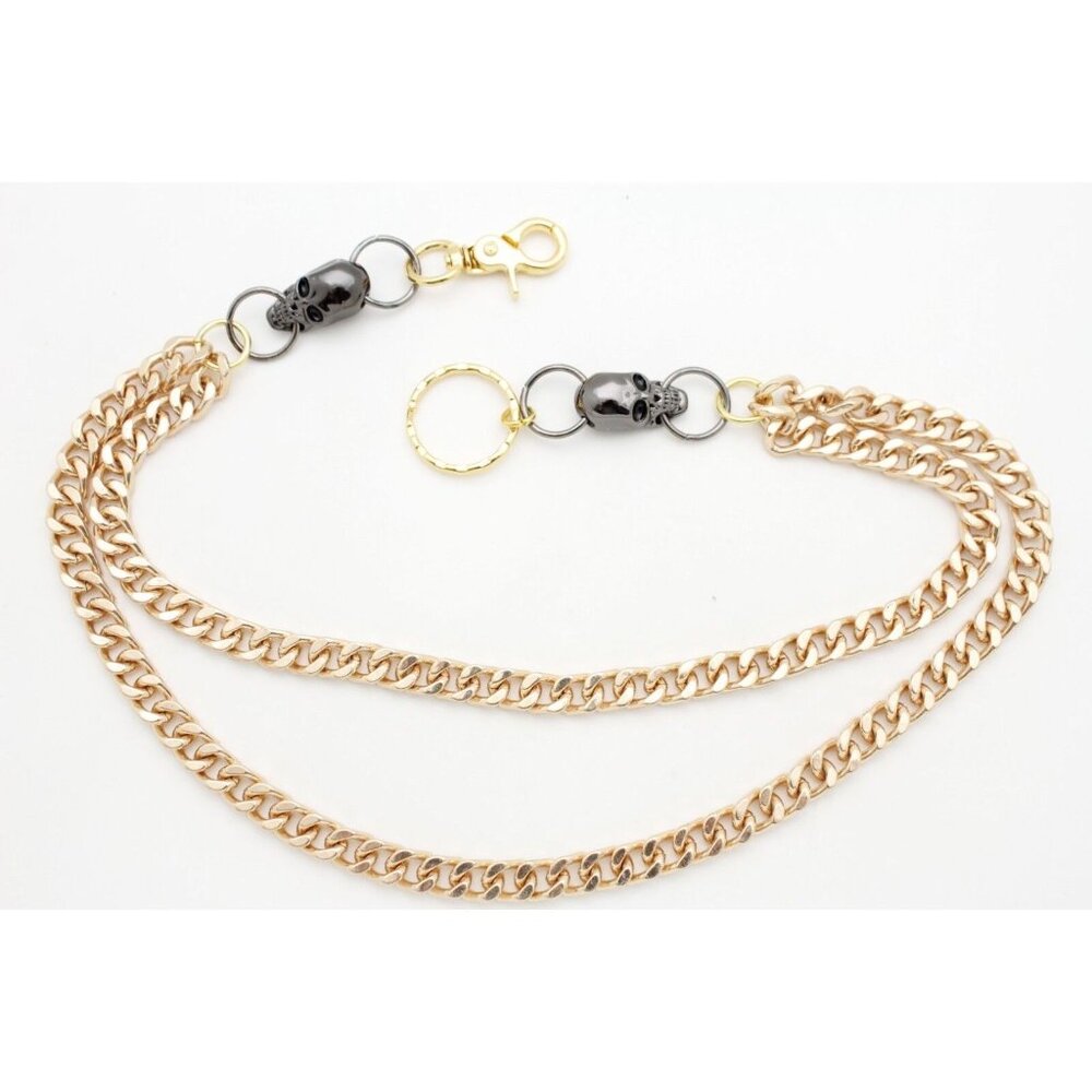 New Men Gold Long Wallet Chain Metal Fashion Jewelry Biker 2 Strands Skulls